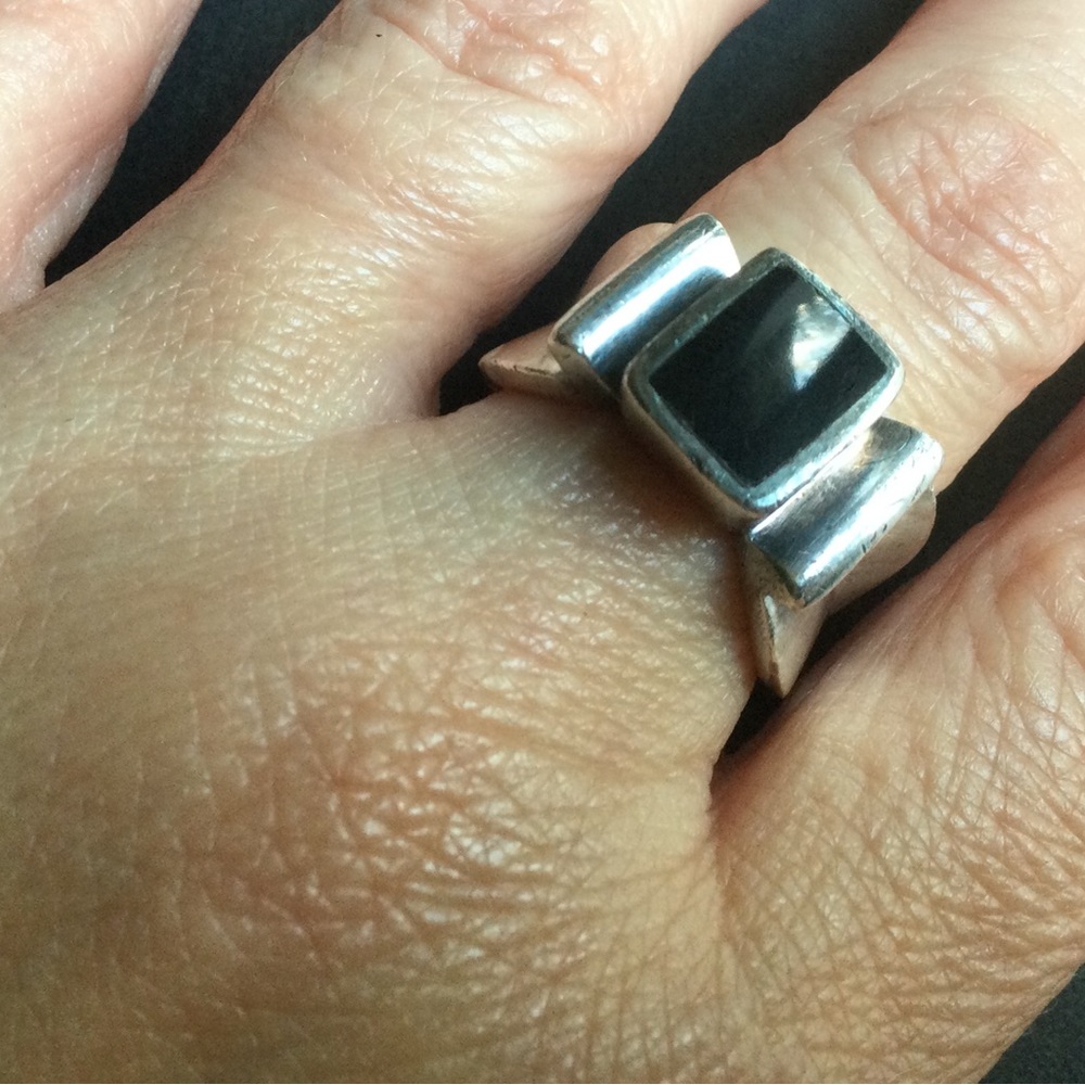 Brutalist Vintage Sterling Silver Ring With Black Stone
